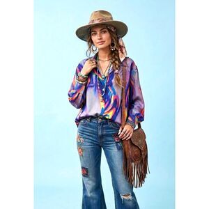 Wild Psychedelic Print Button Down Blouse Purple & Multi Color Long Sleeve XL